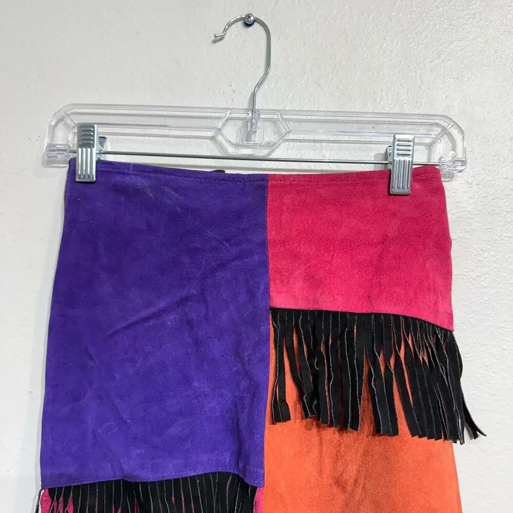 Vintage Colorblock Fringe Leather Mini Skirt Sz S